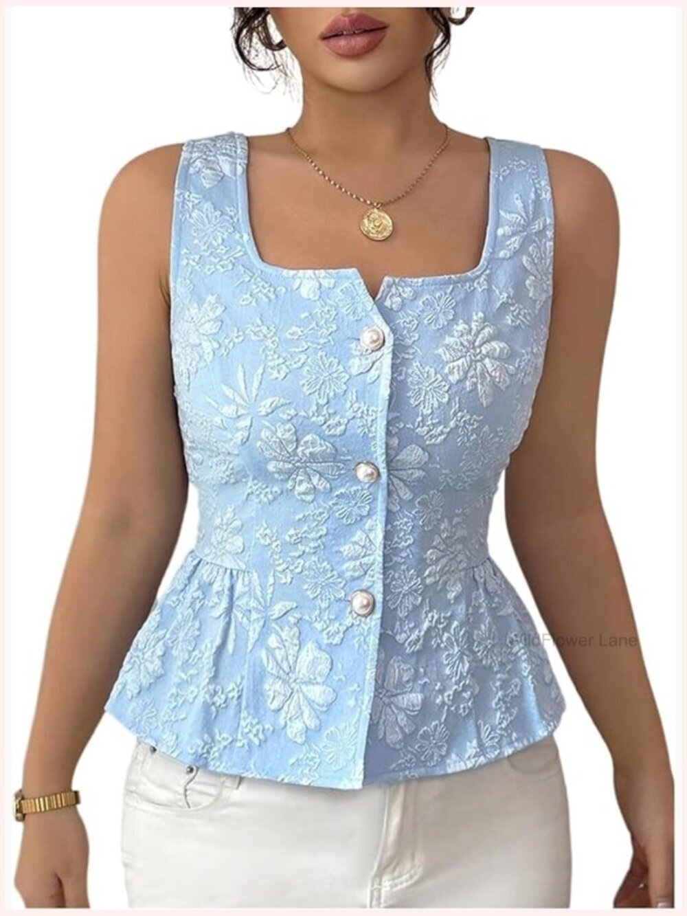 Women's Floral Sleeveless Blouse Square Neck Peplum Tank Top